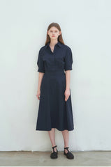 Cotton Poplin Midi Shirt Dress with Elbow-Length Sleeves and Structured Fit-and-Flare Silhouette