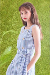 Striped Linen Midi Dress with Square Neckline, Waist Tie, and Double-Breasted Button Detail