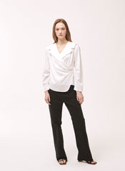 Women's White Linen Wrap Blouse – Long Sleeve V-Neck Linen Shirt with Tailored Button Detail
