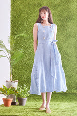 Striped Linen Midi Dress with Square Neckline, Waist Tie, and Double-Breasted Button Detail