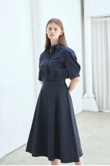 Cotton Poplin Midi Shirt Dress with Elbow-Length Sleeves and Structured Fit-and-Flare Silhouette