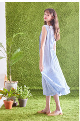 Striped Linen Midi Dress with Square Neckline, Waist Tie, and Double-Breasted Button Detail