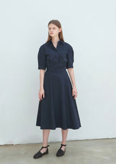 Cotton Poplin Midi Shirt Dress with Elbow-Length Sleeves and Structured Fit-and-Flare Silhouette