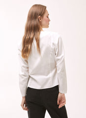 Women's White Linen Wrap Blouse – Long Sleeve V-Neck Linen Shirt with Tailored Button Detail