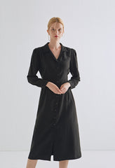 Black Linen Button-Down Midi Shirt Dress with Long Sleeves and Waist Tie for Elegant Silhouettes