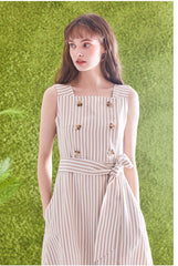 Sleeveless Striped Linen Midi Dress with Square Neck, Waist Belt, and Front Button Detailing