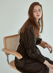 Refined Button-Down Midi Dress With Gathered Sleeves and Waist Detail in Soft Linen Fabric