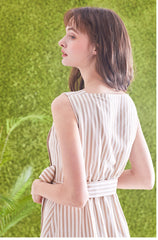 Sleeveless Striped Linen Midi Dress with Square Neck, Waist Belt, and Front Button Detailing