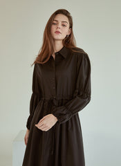 Refined Button-Down Midi Dress With Gathered Sleeves and Waist Detail in Soft Linen Fabric