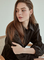 Refined Button-Down Midi Dress With Gathered Sleeves and Waist Detail in Soft Linen Fabric