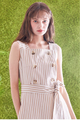 Sleeveless Striped Linen Midi Dress with Square Neck, Waist Belt, and Front Button Detailing
