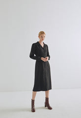 Black Linen Button-Down Midi Shirt Dress with Long Sleeves and Waist Tie for Elegant Silhouettes