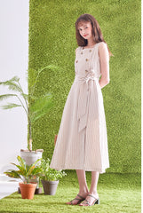 Sleeveless Striped Linen Midi Dress with Square Neck, Waist Belt, and Front Button Detailing