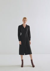 Black Linen Button-Down Midi Shirt Dress with Long Sleeves and Waist Tie for Elegant Silhouettes