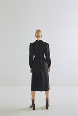 Black Linen Button-Down Midi Shirt Dress with Long Sleeves and Waist Tie for Elegant Silhouettes
