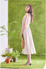 Sleeveless Striped Linen Midi Dress with Square Neck, Waist Belt, and Front Button Detailing