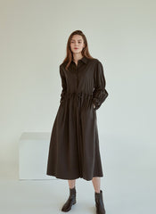 Refined Button-Down Midi Dress With Gathered Sleeves and Waist Detail in Soft Linen Fabric