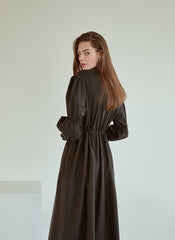 Refined Button-Down Midi Dress With Gathered Sleeves and Waist Detail in Soft Linen Fabric