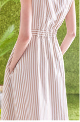 Sleeveless Striped Linen Midi Dress with Square Neck, Waist Belt, and Front Button Detailing