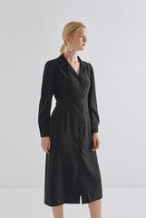 Black Linen Button-Down Midi Shirt Dress with Long Sleeves and Waist Tie for Elegant Silhouettes
