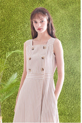 Sleeveless Striped Linen Midi Dress with Square Neck, Waist Belt, and Front Button Detailing