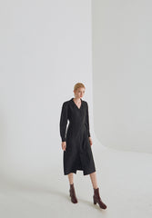Black Linen Button-Down Midi Shirt Dress with Long Sleeves and Waist Tie for Elegant Silhouettes