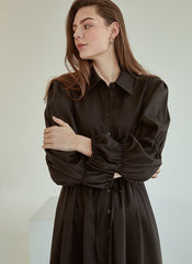 Refined Button-Down Midi Dress With Gathered Sleeves and Waist Detail in Soft Linen Fabric