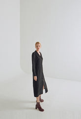 Black Linen Button-Down Midi Shirt Dress with Long Sleeves and Waist Tie for Elegant Silhouettes