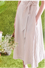 Sleeveless Striped Linen Midi Dress with Square Neck, Waist Belt, and Front Button Detailing