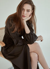 Refined Button-Down Midi Dress With Gathered Sleeves and Waist Detail in Soft Linen Fabric