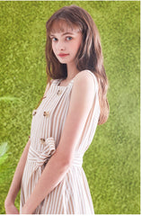 Sleeveless Striped Linen Midi Dress with Square Neck, Waist Belt, and Front Button Detailing