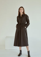 Refined Button-Down Midi Dress With Gathered Sleeves and Waist Detail in Soft Linen Fabric