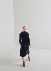 Black Linen Button-Down Midi Shirt Dress with Long Sleeves and Waist Tie for Elegant Silhouettes