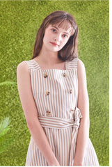 Sleeveless Striped Linen Midi Dress with Square Neck, Waist Belt, and Front Button Detailing