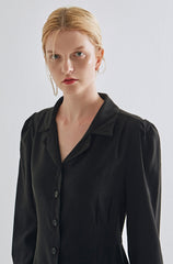 Black Linen Button-Down Midi Shirt Dress with Long Sleeves and Waist Tie for Elegant Silhouettes