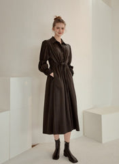 Refined Button-Down Midi Dress With Gathered Sleeves and Waist Detail in Soft Linen Fabric