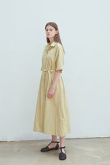 Soft Yellow Linen Midi Shirt Dress with Button Front, Self-Tie Belt, and Short Sleeves