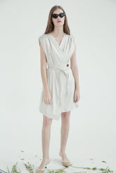 Sleeveless Linen Mini Dress With Wrap Front, Waist Tie, And Gathered Shoulder Detail