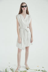 Sleeveless Linen Mini Dress With Wrap Front, Waist Tie, And Gathered Shoulder Detail