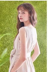 Sleeveless Striped Linen Midi Dress with Square Neck, Waist Belt, and Front Button Detailing