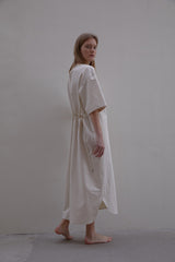 Oversized Linen Midi Dress with Elbow-Length Sleeves and Adjustable Waist Tie Detail