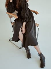 Refined Button-Down Midi Dress With Gathered Sleeves and Waist Detail in Soft Linen Fabric