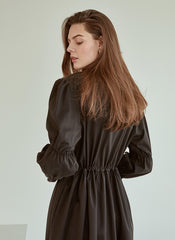 Refined Button-Down Midi Dress With Gathered Sleeves and Waist Detail in Soft Linen Fabric