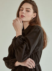 Refined Button-Down Midi Dress With Gathered Sleeves and Waist Detail in Soft Linen Fabric