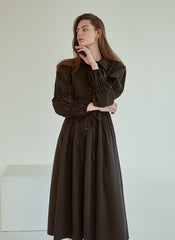Refined Button-Down Midi Dress With Gathered Sleeves and Waist Detail in Soft Linen Fabric