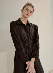 Refined Button-Down Midi Dress With Gathered Sleeves and Waist Detail in Soft Linen Fabric