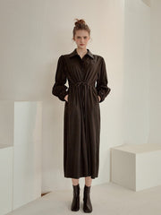 Refined Button-Down Midi Dress With Gathered Sleeves and Waist Detail in Soft Linen Fabric