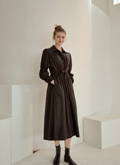 Refined Button-Down Midi Dress With Gathered Sleeves and Waist Detail in Soft Linen Fabric
