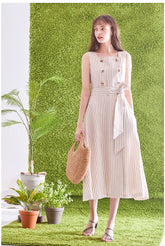 Sleeveless Striped Linen Midi Dress with Square Neck, Waist Belt, and Front Button Detailing