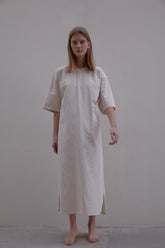 Oversized Linen Midi Dress with Elbow-Length Sleeves and Adjustable Waist Tie Detail